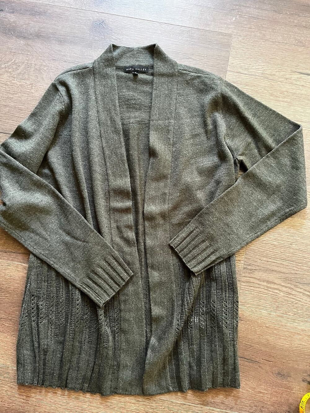 Napa Valley Women’s Small Olive Green Open Front Pointelle Knit Cardigan